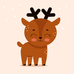 Cute brown deer in cartoon flat style. Forest animals. Vector illustration for nursery, print on textiles.