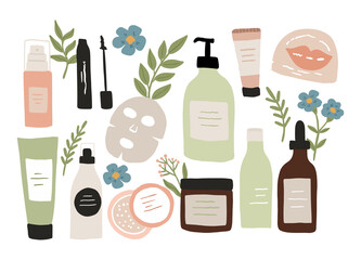 Set of colorful bottles, jars, and tubes with organic cosmetics vector flat illustration. Collection of flowers, leaves, and skincare products isolated on white. Natural eco-friendly composition
 - obrazy, fototapety, plakaty
