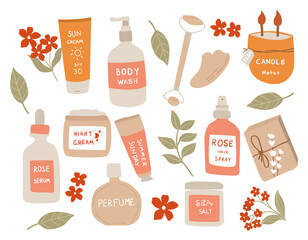 Set of colorful bottles, jars, and tubes with organic cosmetics vector flat illustration. Collection of flowers, leaves, and skincare products isolated on white. Natural eco-friendly composition
