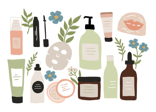 Set of colorful bottles, jars, and tubes with organic cosmetics vector flat illustration. Collection of flowers, leaves, and skincare products isolated on white. Natural eco-friendly composition

