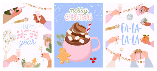 Collection of Holidays cards. Seasonal cozy hygge home decor, food. Perfect for Merry Christmas, Happy New Year, holidays, invitation card and greeting card. Editable vector illustration.