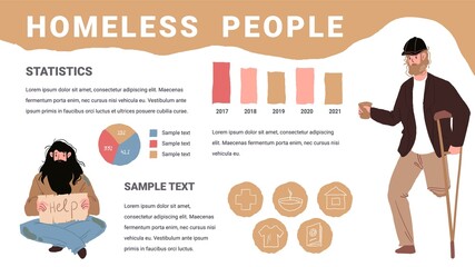 Vector flat cartoon infographic with homeless sad characters,various statistics and distribution graphs,information about homelessness-global problem of society,social concept,web site design