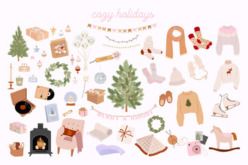 Collection of Holidays elements and cozy hygge home decor. Perfect for Merry Christmas, Happy New Year, holidays, invitation and greeting card. Editable vector illustration.