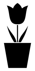 Tulip in a pot icon silhouette. Flower vector illustration isolated on white background.