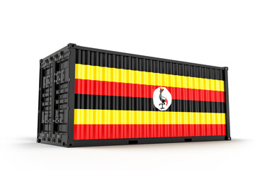 Realistic shipping cargo container textured with Uganda. Isolated. 3D Rendering