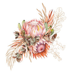 Exotic protea flowers and eucalyptus bouquet. Watercolor and gold line illustration isolated on white background.