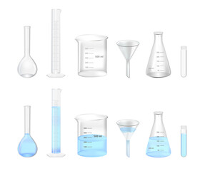 Vector set of realistic glass laboratory empty and water-filled chemical glassware isolated on a white background. volumetric flask, graduated cylinder, beaker, funnel, Erlenmeyer flask and test tube.