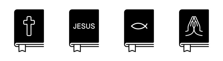 Set of Bible icons, cross, Jesus, fish, pray line icons