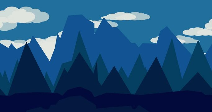 seamless animated game background with parallax effect. forest, mountains, website, design, sky, clouds. moving landscape, flat graphics. looped video.
