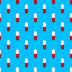 Drawing of images of medical capsules on a blue background. template for overlaying on the surface. medicine. 3D rendering. 3D image. seamless pattern