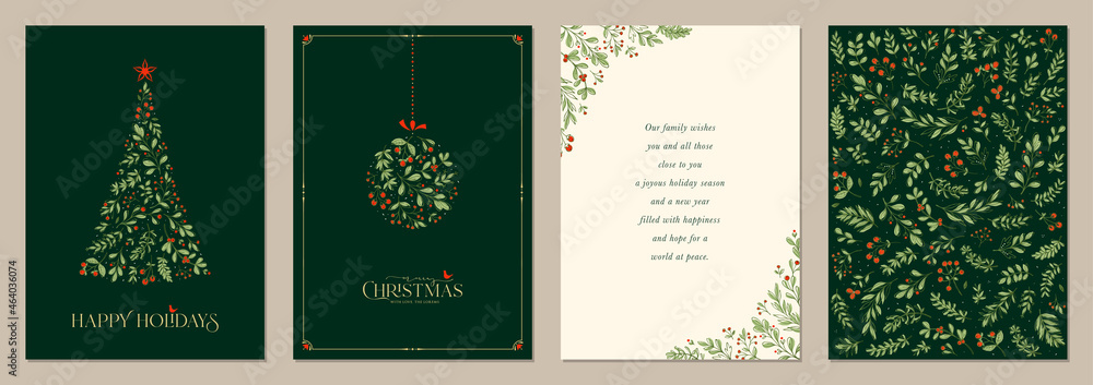 Wall mural holidays cards with christmas tree, birds, christmas ornament, backgrounds, ornate floral frames and - Wall murals