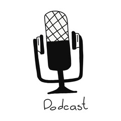 Media tool, mic and speech bubble doodle icon. Sound recording device, media equipment hand drawn vector illustration. Microphone, broadcasting facilities. Isolated. Podcast. Radio waves, logo design.