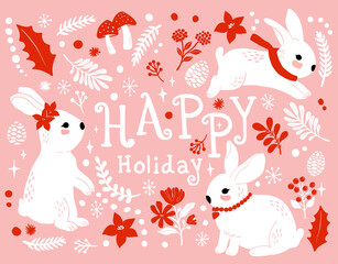 collection of Rabbits. Bunny ears, Vector clipart. Easter design elements. Set Hand Drawn Bunny and little flowers. Cute Rabbits Vector. Print Design for Kids Fashion.

