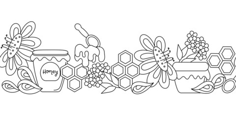 Honey seamless horizontal border. Beekeeping, apiary. Line art vector illustration.