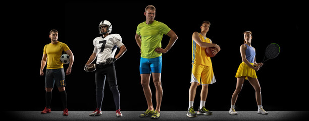 Male and female tennis, soccer, volleyball, american football players standing like team isolated...