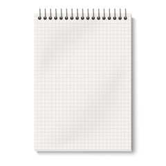 Closed view of mock up of opened spiral notepad with checkered white pages isolated on white background
