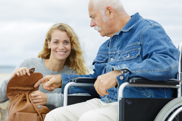 Obraz premium portrait of happy old father and his daughter outdoors