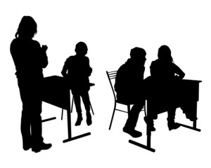 People sit at tables in the office. Isolated silhouettes on white background