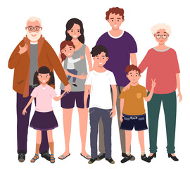 Big happy family together. Father, mother, grandfather, grandmother and children. Illustration