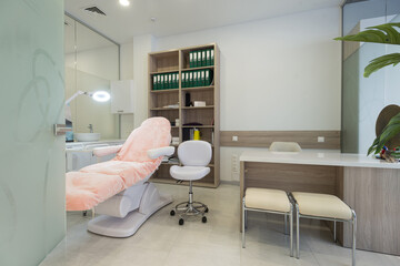 Beautiful interior of new salon, spa room, beauty parlour, or dermatological clinic