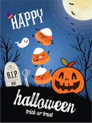 Vintage Halloween poster design with vector witch, ghost, jack o lantern character. 