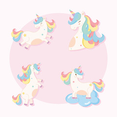 Obraz na płótnie Canvas four cute unicorns icons