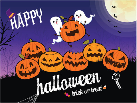 Vintage Halloween poster design with vector witch, ghost, jack o lantern character. 