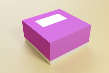 Gift box with purple lid and white inscription sticker. 3D render. Gift box on a yellow background.