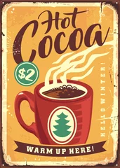  Hot cocoa retro sign advertisement with tasty winter beverage. Cocoa cup vintage poster design template on old metal texture. Drinks vector illustration. © lukeruk