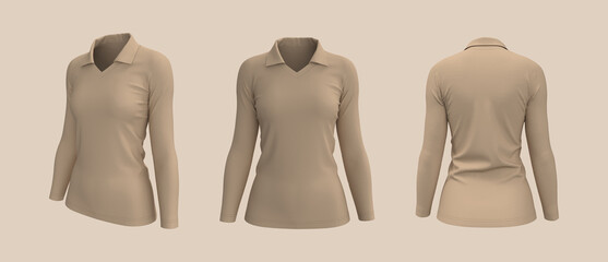 Women's collared t-shirt mockup, front, side and back views, design presentation for print, 3d illustration, 3d rendering