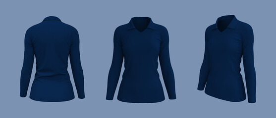Women's collared t-shirt mockup, front, side and back views, design presentation for print, 3d illustration, 3d rendering