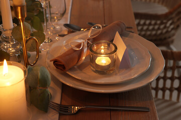 Festive table setting with beautiful tableware and decor