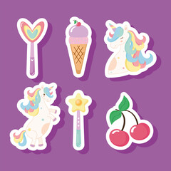 six cute unicorns icons