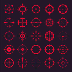Crosshair, gun sight vector icons. Bullseye, red target or aim symbol. Military rifle scope, shooting mark sign. Targeting, aiming for a shot. Archery, hunting and sports shooting. Game UI element. - obrazy, fototapety, plakaty
