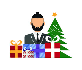 Young man with gift boxes and Christmas tree. new year gift concept. editable vector, graphic, banner.
