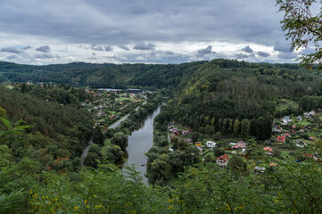 Fototapeta na wymiar Aerial view of Sazava river meander surrounded by forest