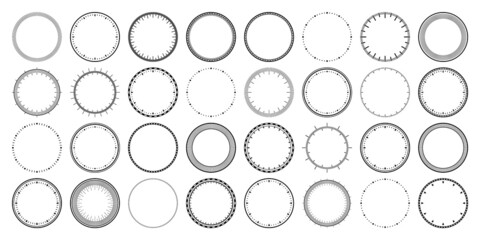 Mechanical clock faces, bezel. Watch dial with minute and hour marks. Timer or stopwatch element. Blank measuring circle scale with divisions. Vector illustration. - obrazy, fototapety, plakaty