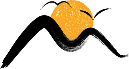 Mountain silhouettes with sun and birds .  Rocky peaks in sunset.  Modern minimal art . Vector