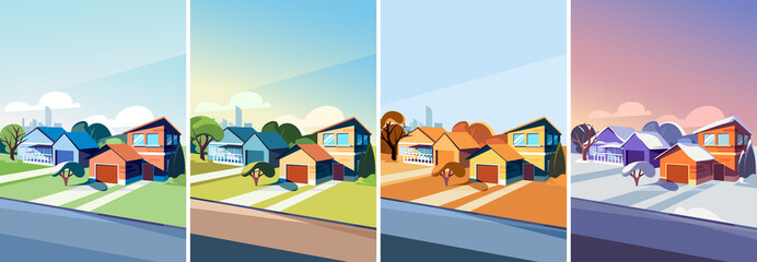 Suburban street at different times of the year. Illustrations in vertical orientation.