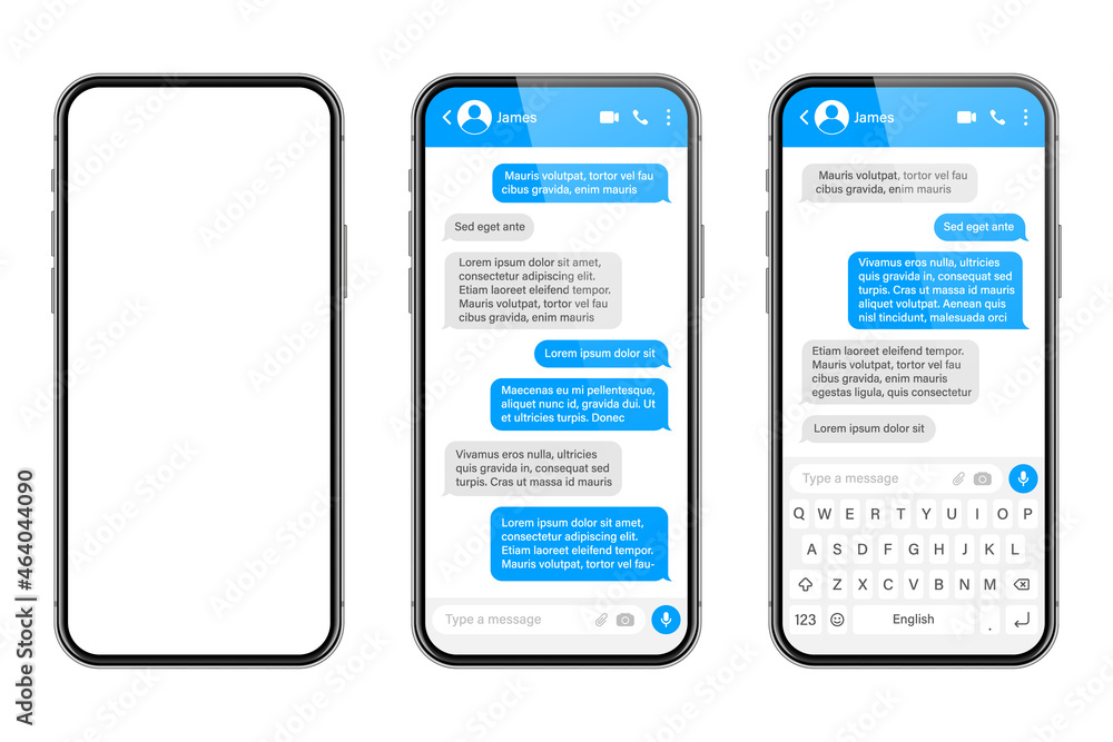 Poster realistic smartphone with messaging app. sms text frame. conversation chat screen with blue message 