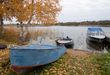 amazing beautiful landscape day blue water lake boat north country russia onega karelia