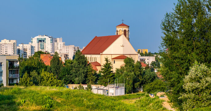 Panoramic view of Kabaty and Ursynow district with Jesus Presentation Church seen from Gorka Kazurka hill in Warsaw in central Poland