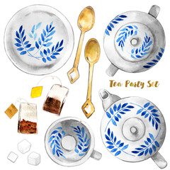cups teapot watercolor top view white blue pattern golden tea bag plate sugar bowl isolated set on white background