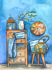 Interior watercolor wall blue dresser stool candles wicker candlestick wardrobe plaid pillow vase vtka floor hand drawing
