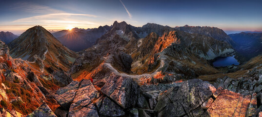 Beautiful sunset mountain panorama from Poland Tatras - Szpiglasowy Wierch - obrazy, fototapety, plakaty