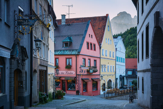 Fussen, Bavaria, Germany - September 24, 2021: street with colorful houses