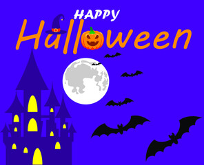 Happy Halloween Haunted House with Moon and Bats Vector Design. Happy Halloween hand lettering text with pumpkin and witch hat.