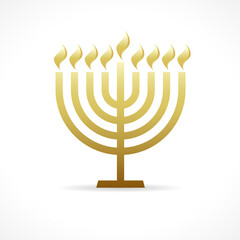 Hanukkah menorah golden emblem. Happy Hannukah greeting card. Vector illustration