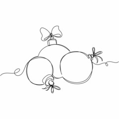 Vector continuous one single line drawing of christmas balls baubles in silhouette on a white background. Linear stylized.