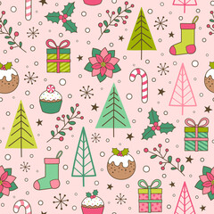 Hand drawn christmas elements seamless pattern with pink background.